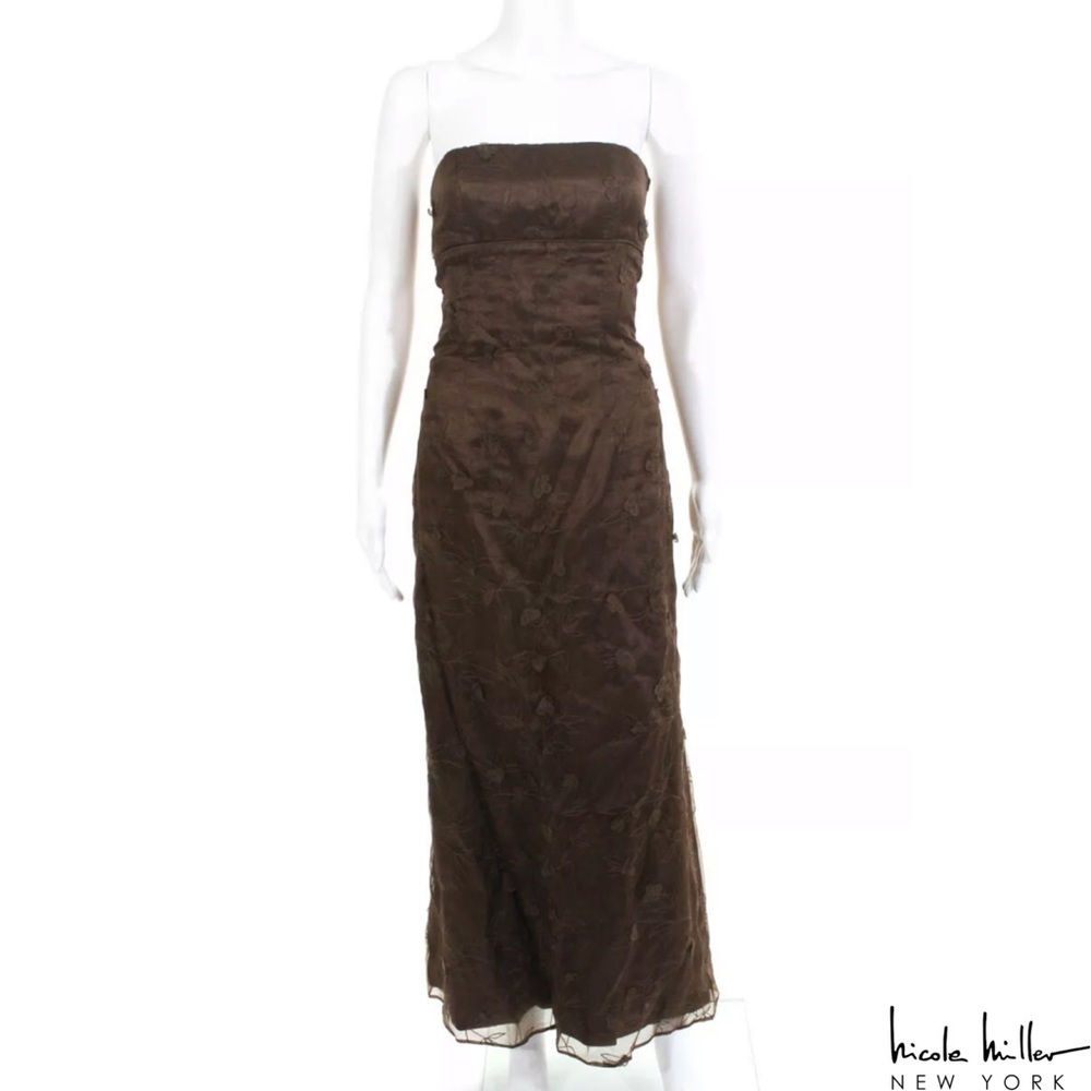 NICOLE MILLER Brown Floral Appliqué Silk Strapless